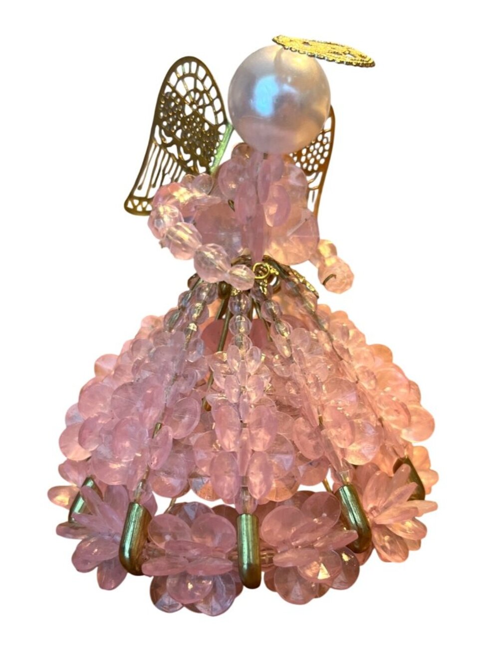 Vtg Pink Safety Pin Beaded Angel Figurine Ornament MCM Decor